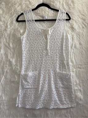 Vintage Donna Womens Lace Crochet Tank Dress M White Beach Coverup Swim Pockets